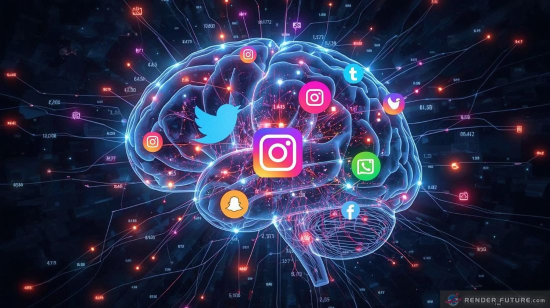 a futuristic high tech cyborg brain and vibrant cortex embedded with large colorful social media icons
