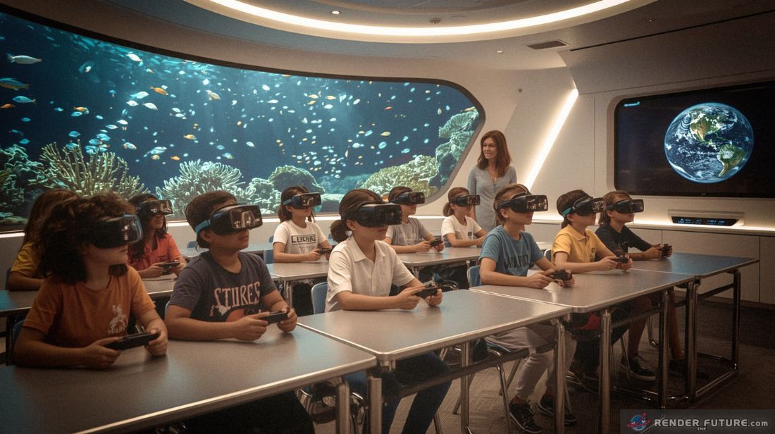 a futuristic mars classroom filled with enthusiastic children learning earths vibrant ocean ecosystems