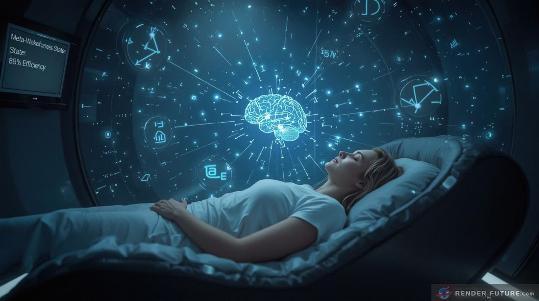 a futuristic meditation pod where a womans brain glows with fractal neural connection