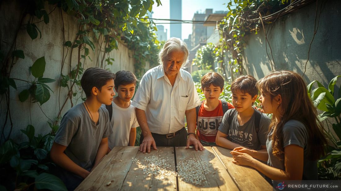 a gentle elderly teacher with silver hair worn hands and kind lined face stands amidst lush greenery