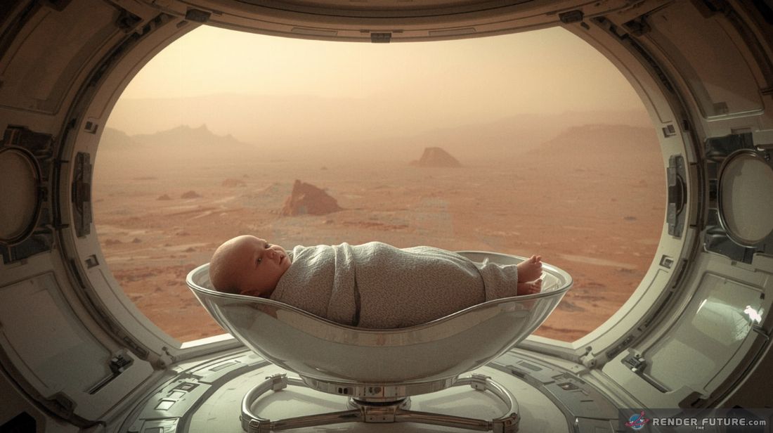a human martian baby on mars in a climate controlled chamber with mars surface in the background