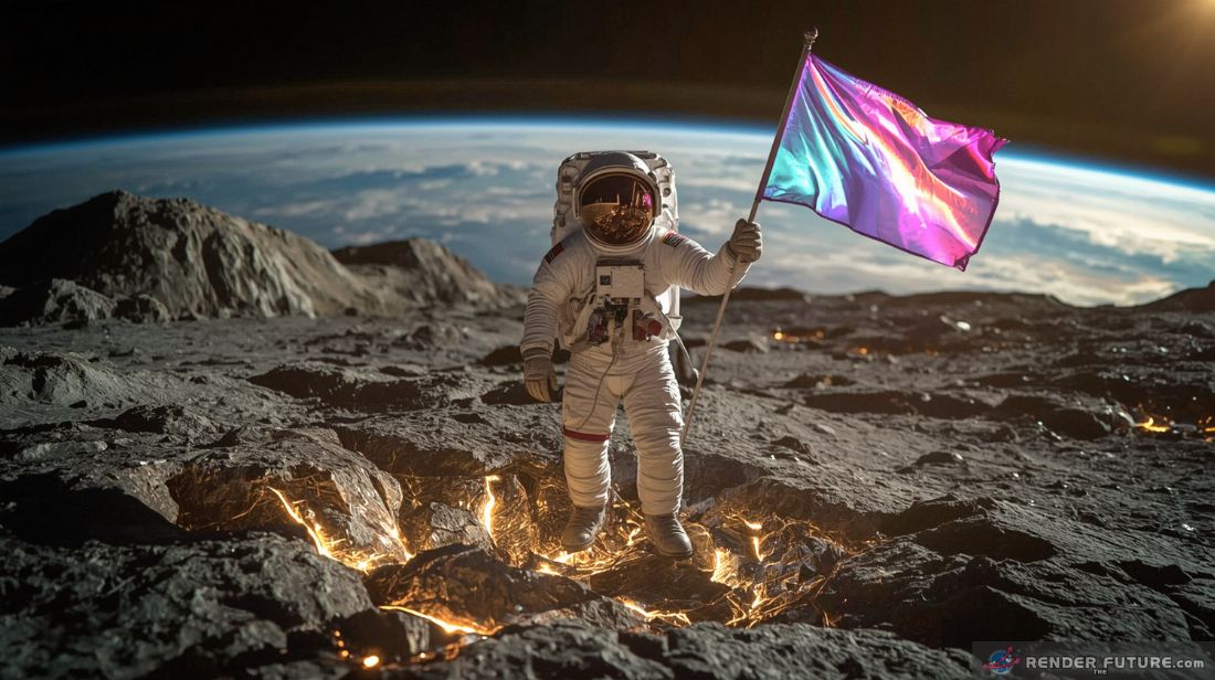 a lone astronaut stands heroically on the rugged crusty surface of an asteroid