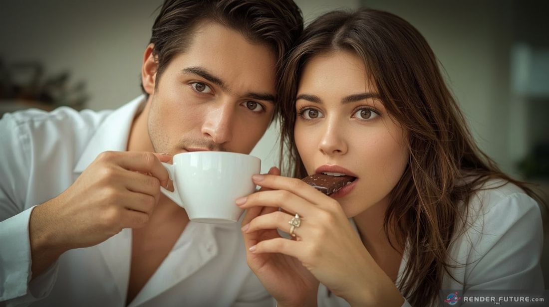 a man and a beautiful woman sip from a steaming cup of coffee their eyes widening in surprise and delight