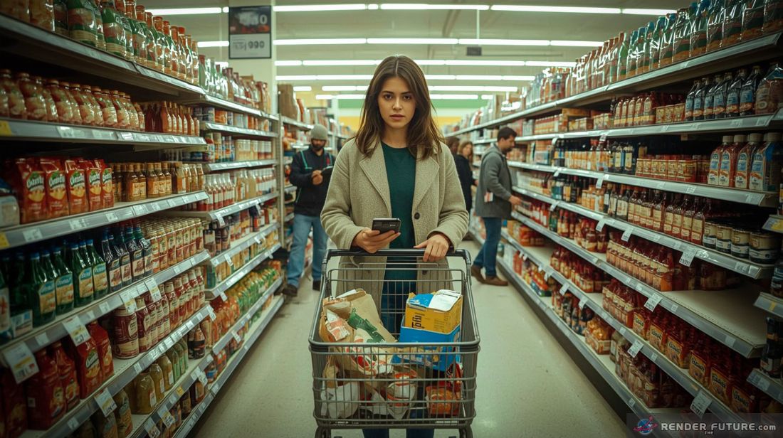 a mother stands frozen in the grocery aisle calculator in hand