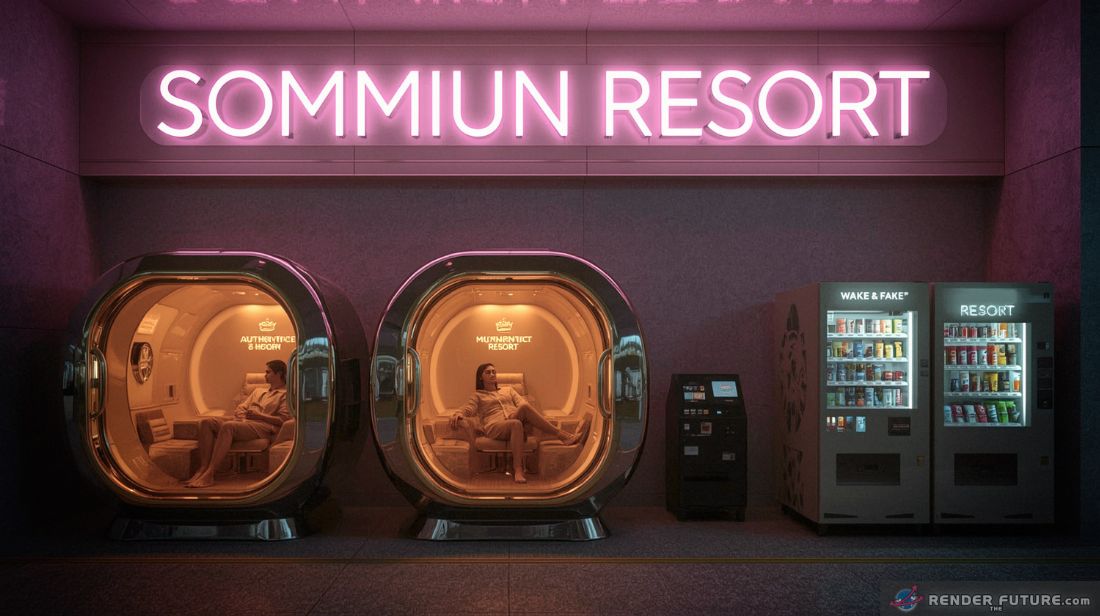 a neon lit sommiun resort where wealthy clients lounge in gold plated sleep pods