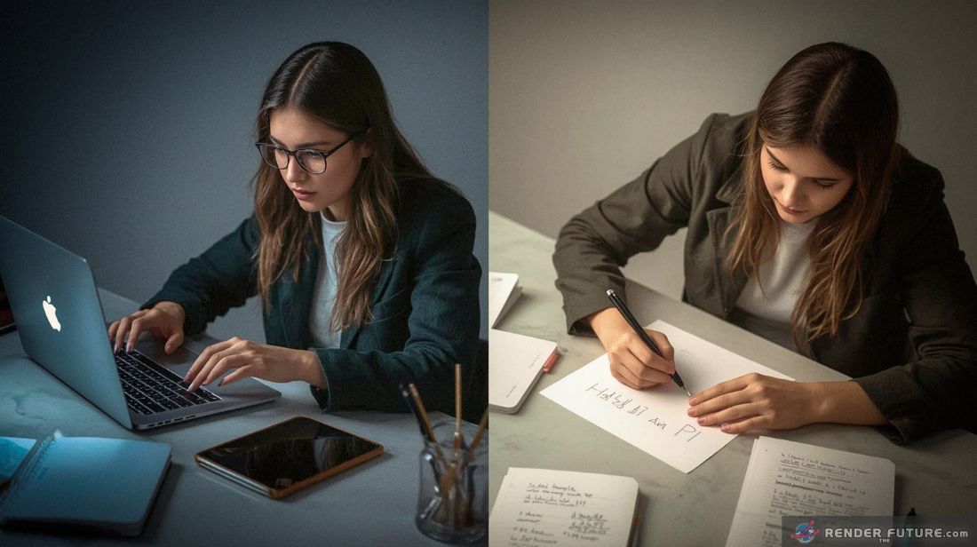 a photographic image depicting a side by side comparison of two individuals each engaged in a writing task