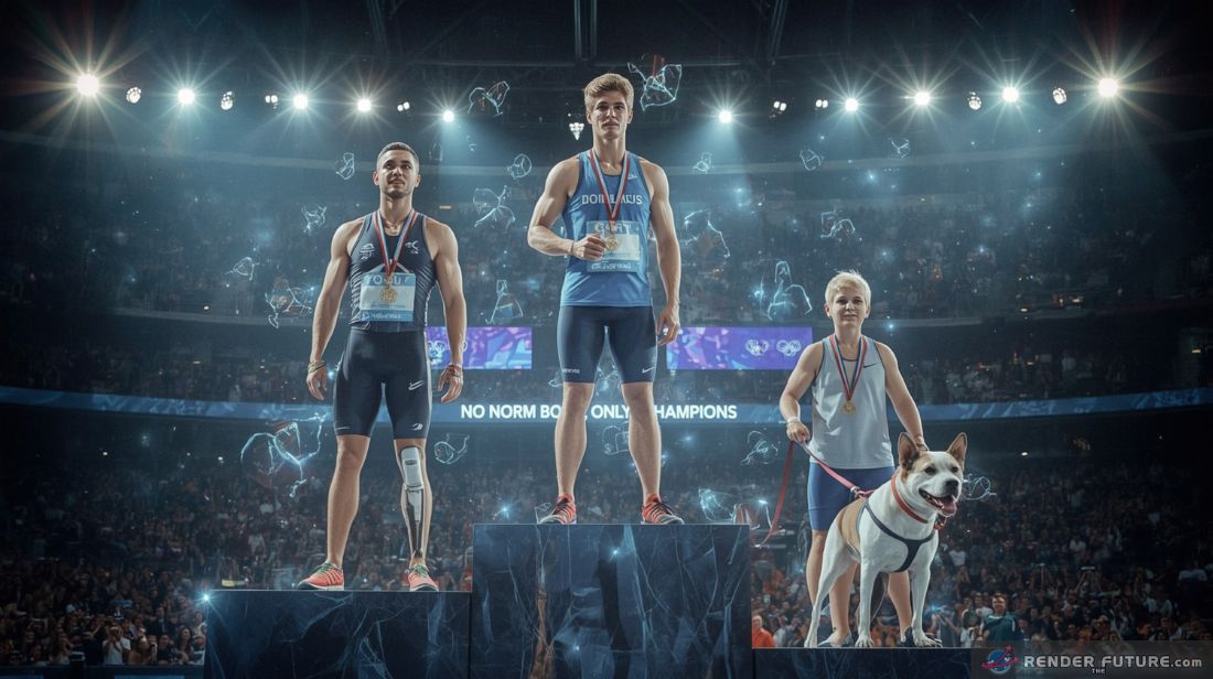 a radiant olympic podium where three genetically diverse champions stand united