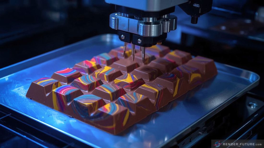 a robot arm precisely 3d prints a complex chocolate bar its surface swirling with vibrant trending colors