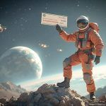 a rugged billionaire ceo stands in a cutting edge spacesuit holding check for 1000000000000