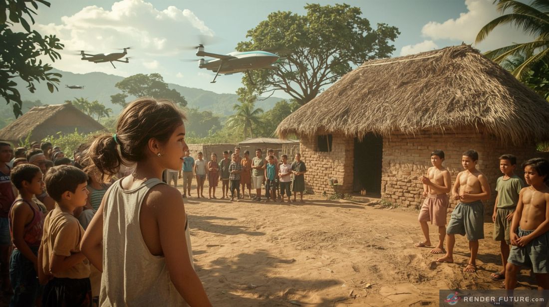 a rural village square where kids line up for genetic talent scans