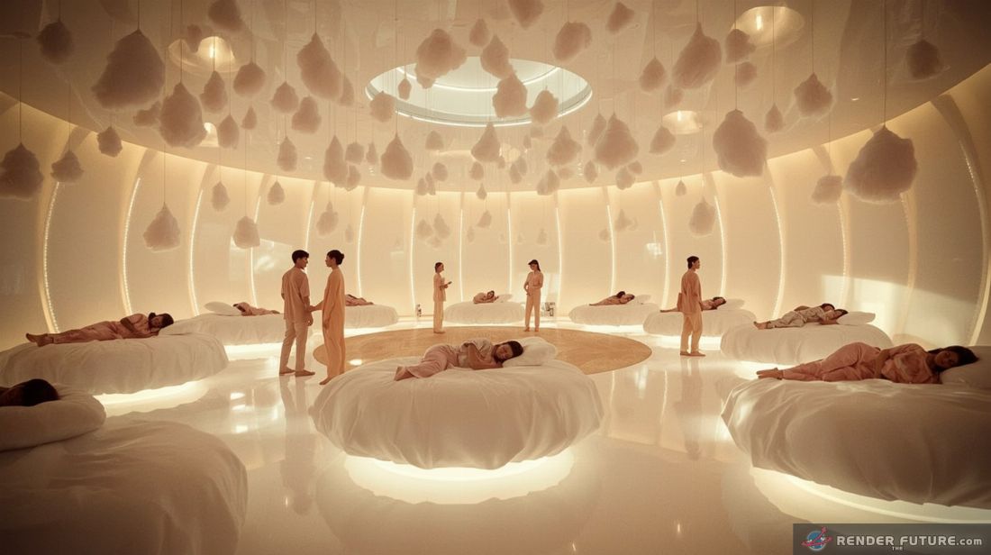a serene futuristic sleep museum where visitors gather in a sunny room filled with plush cloud like beds