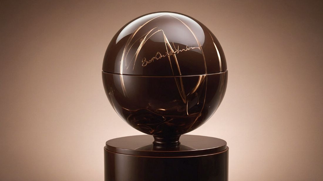 a single exquisite chocolate memory evoking bonbon rests on a futuristic pedestal