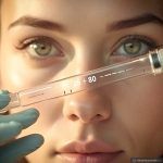 a syringe labeled crispr age delete hovering over a womans face