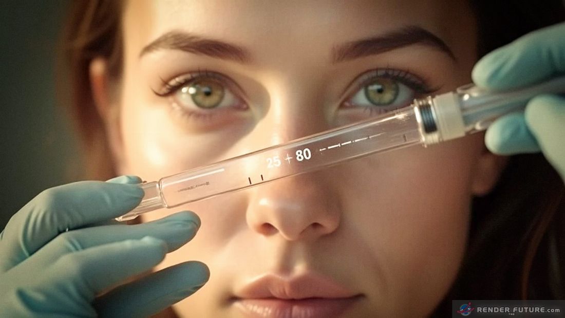 a syringe labeled crispr age delete hovering over a womans face