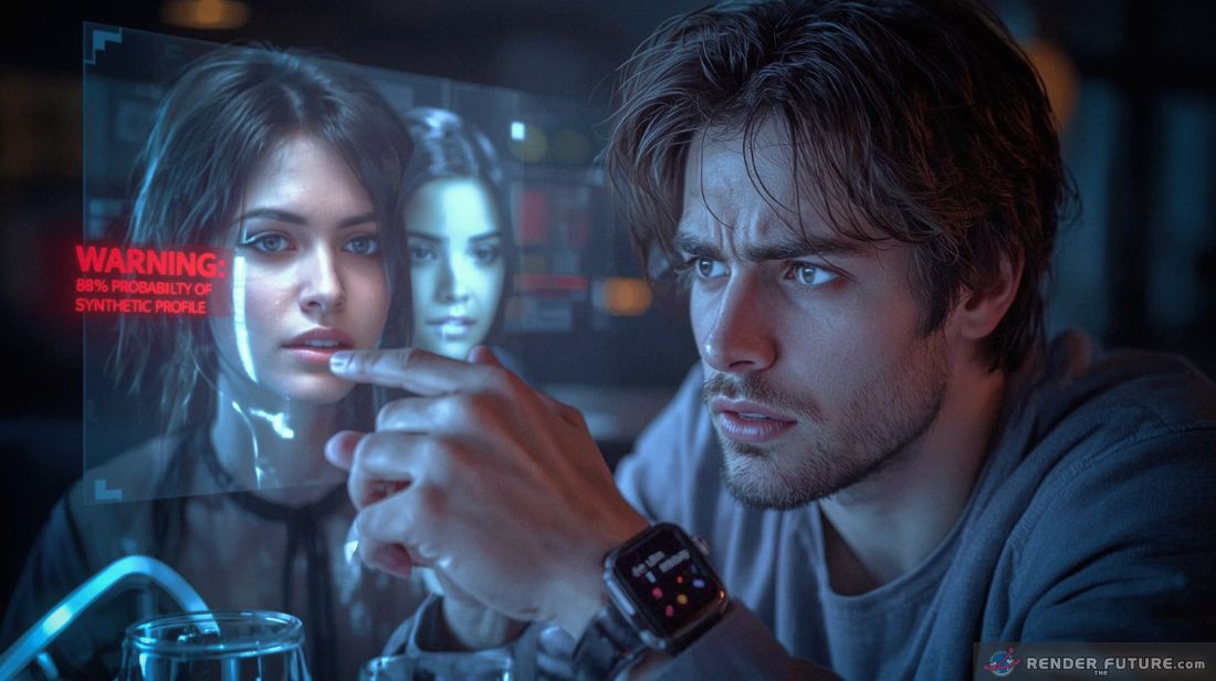 a young man looks horrified as his holographic dates face glitches between 3 different appearances mid conversation