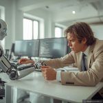 ai robot is creating digital content while a human is fighting to reclaim workplace in an office