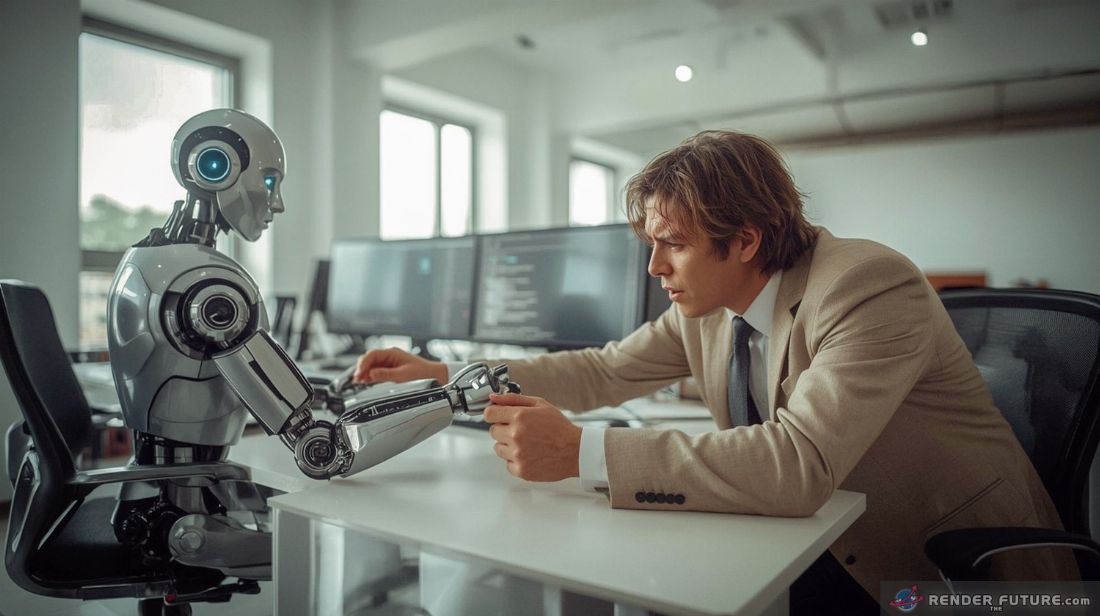 ai robot is creating digital content while a human is fighting to reclaim workplace in an office