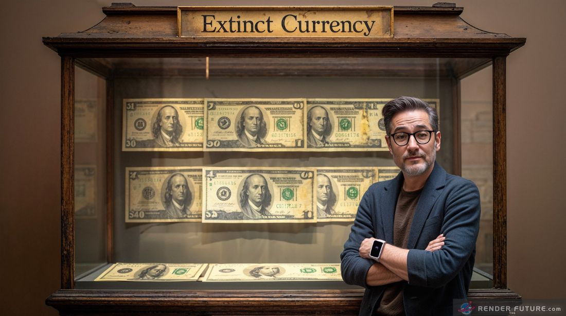an ancient looking museum display labeled extinct currency featuring dusty dollar bills