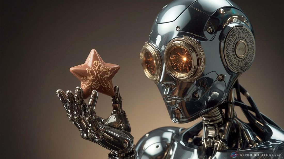 close up on humanoid robots face with optical sensors intently examining star shaped chocolate bonbon