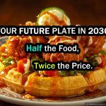 crispy cheese golden fried chicken nestled in a waffles grooves green leaves tomatoes cucumbers mayo drizzled 2030