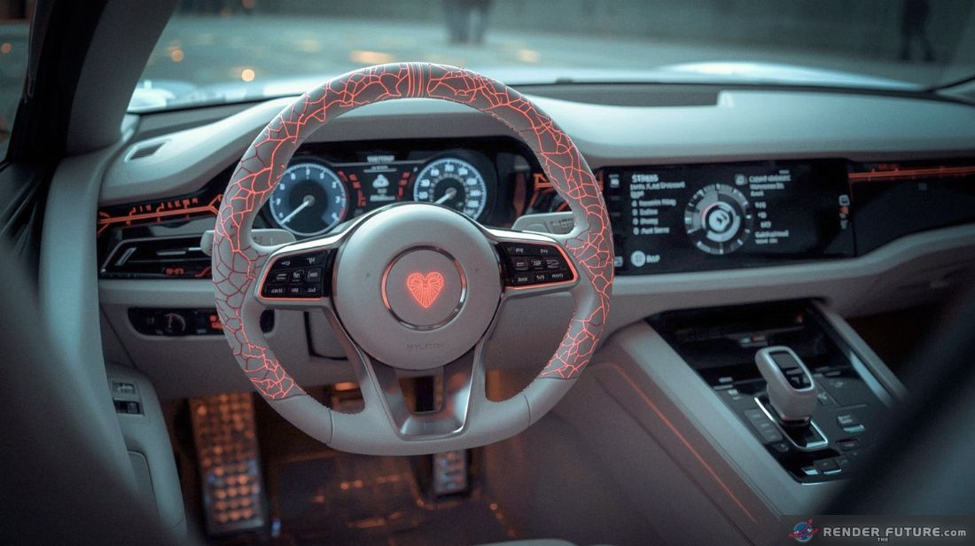 futuristic white car interior steering wheel embedded with pulsing vein like sensors