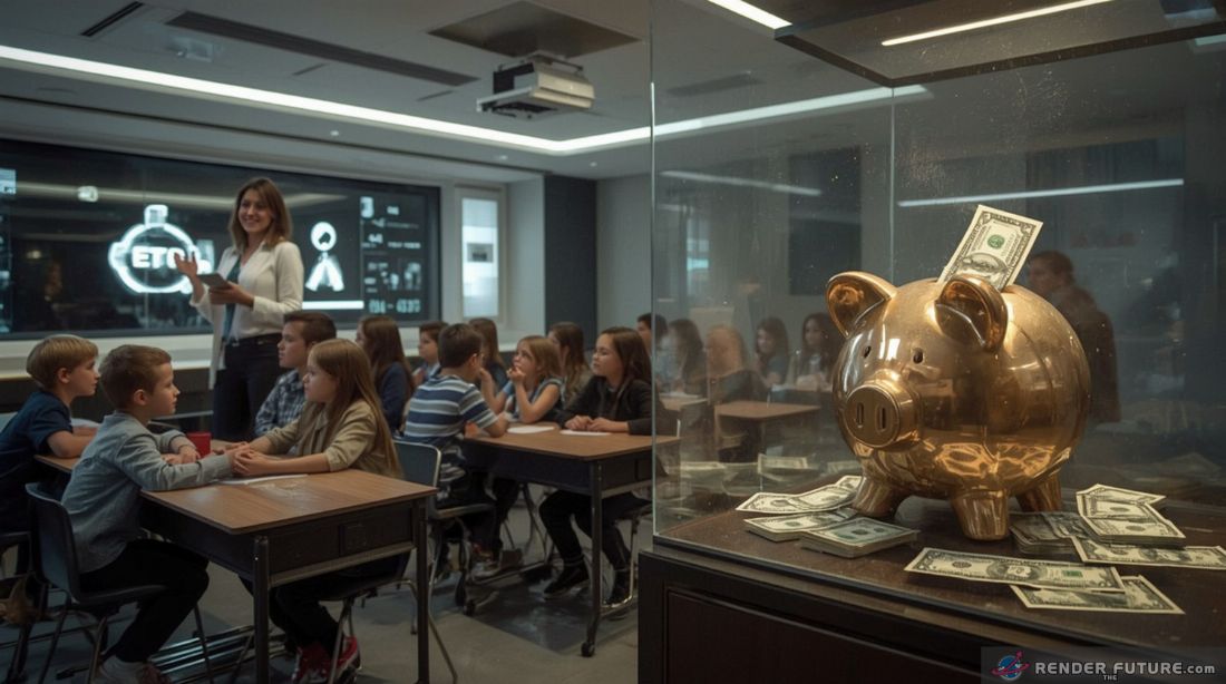 high tech classroom of the future a diverse group of curious children learning about history of currencies