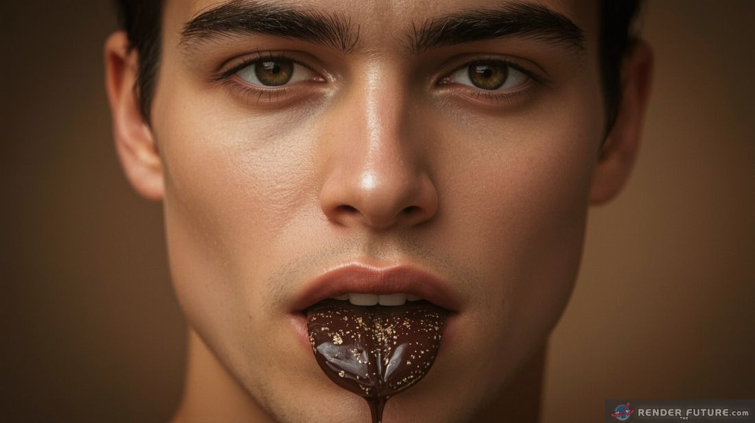 hyper stylized full face shot a piece of dark chocolate that melts on a tongue of a handome man