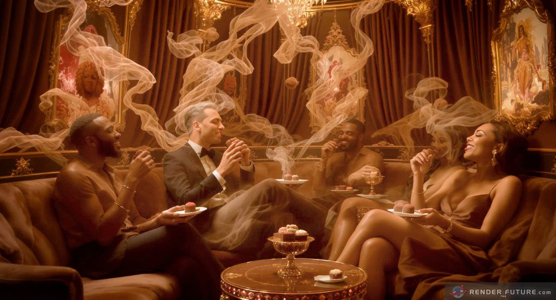 in a luxurious dark brown chocolate lounge elegantly dressed individuals savor the sublime flavors of chocolate