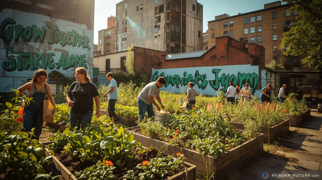 in the heart of a once neglected metropolis a vibrant community farm flourishes amidst the remnants of crumbling skyscrapers