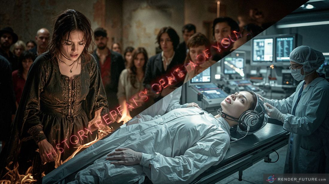 left a medieval witch burning at the stake right a 2050 woman getting gene edited