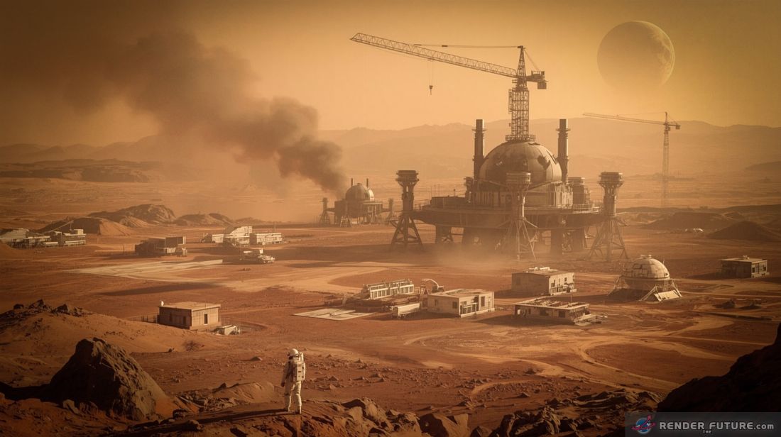 mars colony under construction vast red landscape with starships