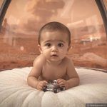 martian baby with a martian rover toy symbolizing humanitys aspirations for interplanetary exploration and coexistence