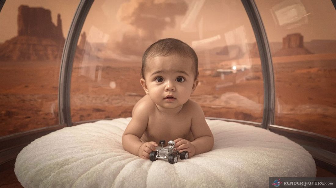 martian baby with a martian rover toy symbolizing humanitys aspirations for interplanetary exploration and coexistence