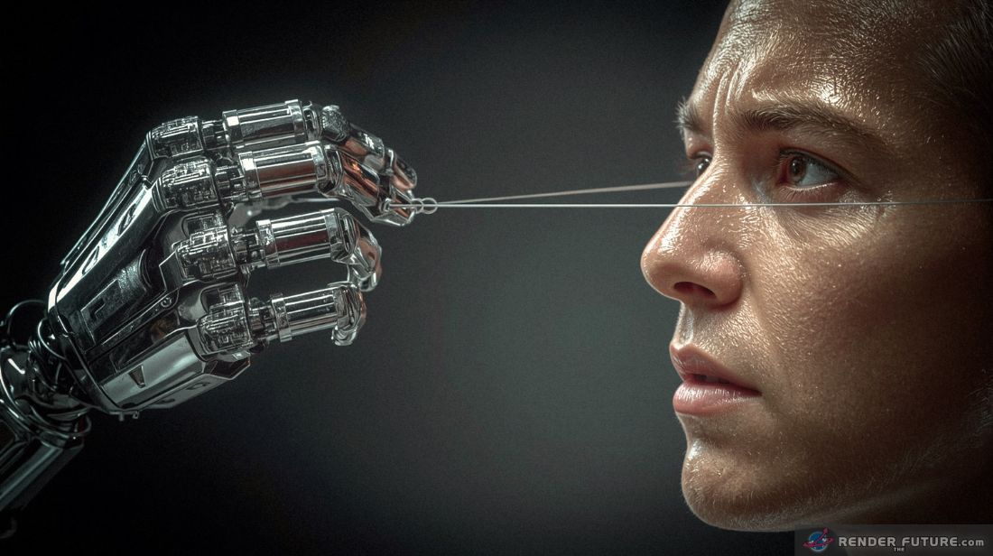 robotic hand pulling strings attached to a human head depicting ais control over human thought