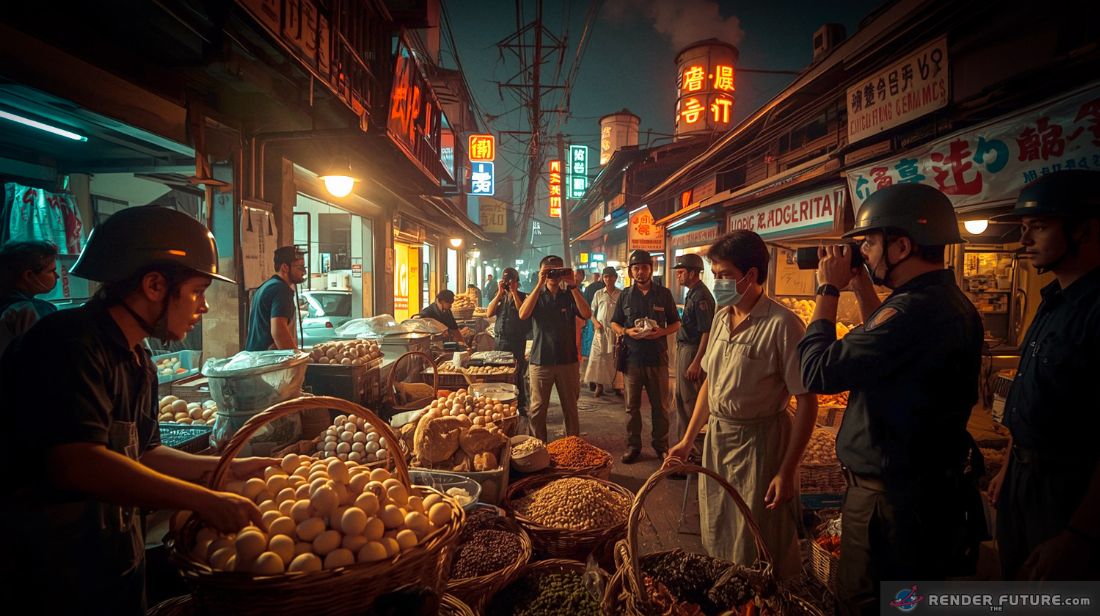 shadowy street market lit by neon signs people trade eggs seeds and grains