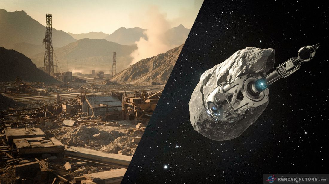 split image left side shows a war torn mine on earth right shows a sleek robot transporting a pristine asteroid in space