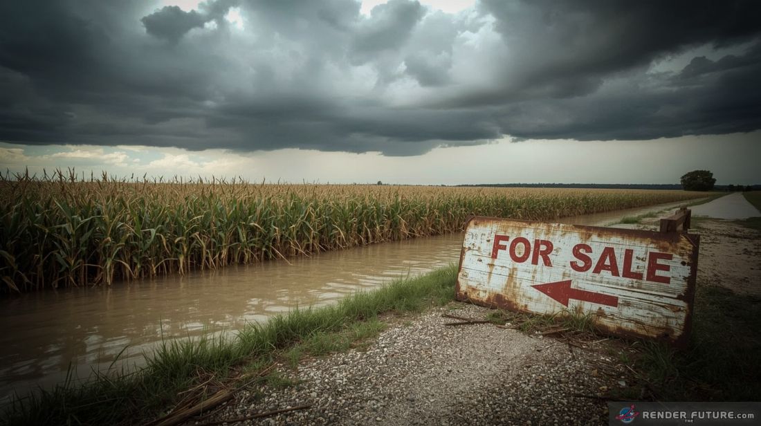 storm clouds clash above a flooded cornfield stalks submerged
