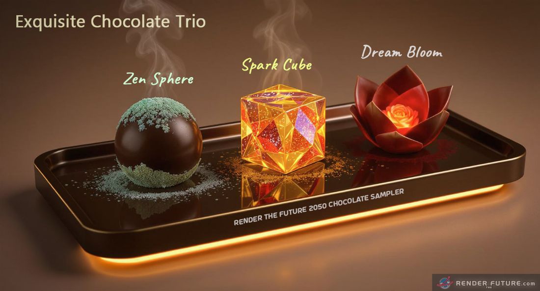 tray holding three exquisite chocolate samples