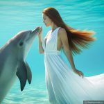 a beautiful woman is standing in the water with a dolphin is swimming up and facing the woman