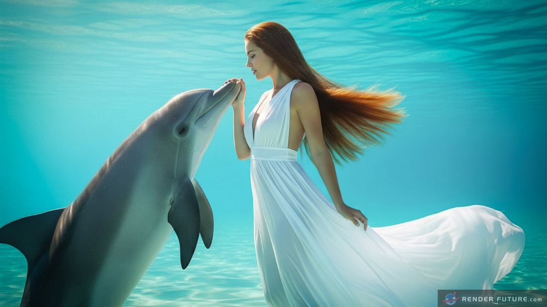 a beautiful woman is standing in the water with a dolphin is swimming up and facing the woman