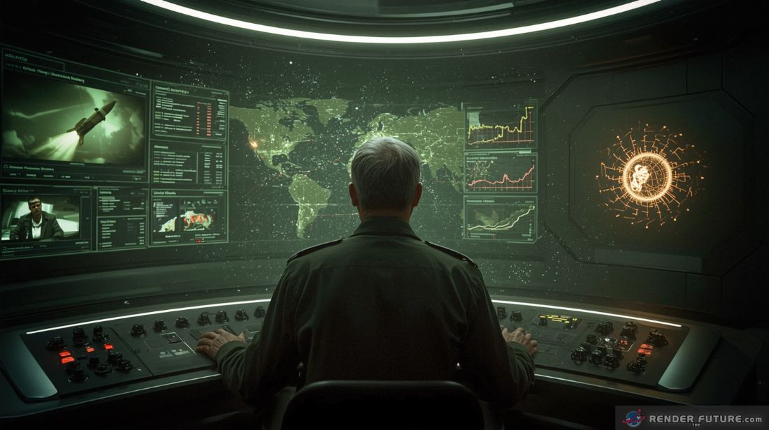 a chilling hyperrealistic wide shot of a futuristic control room