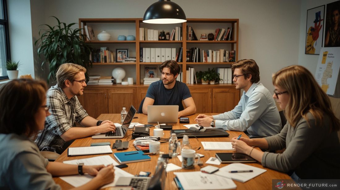 a creative team of renderthefuture creators scientists and a film producer in a room at table