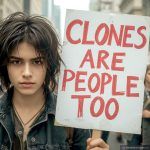 a determined demonstrator with an ambiguous expression stands confidently in a crowded city clones are people