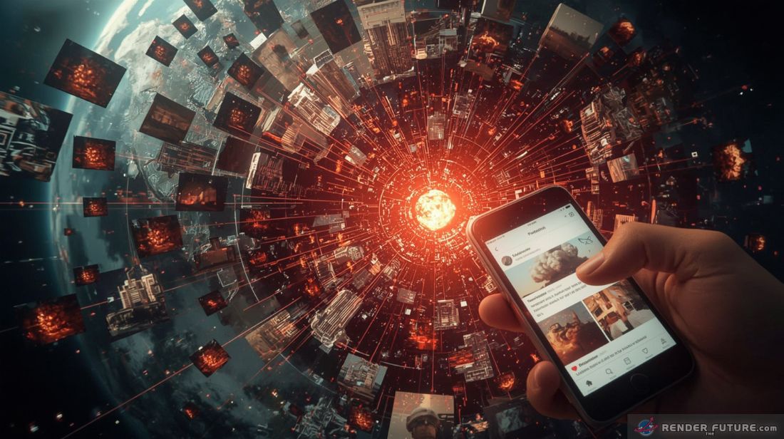 a dramatic high angle shot of a global crisis unfolding represented by a chaotic swirl of digital misinformation