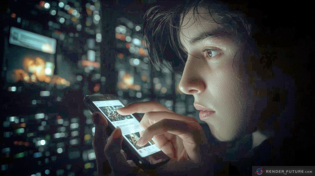 a haunting high contrast close up shot of a teenagers hand illuminated by the glow of a smartphone screen