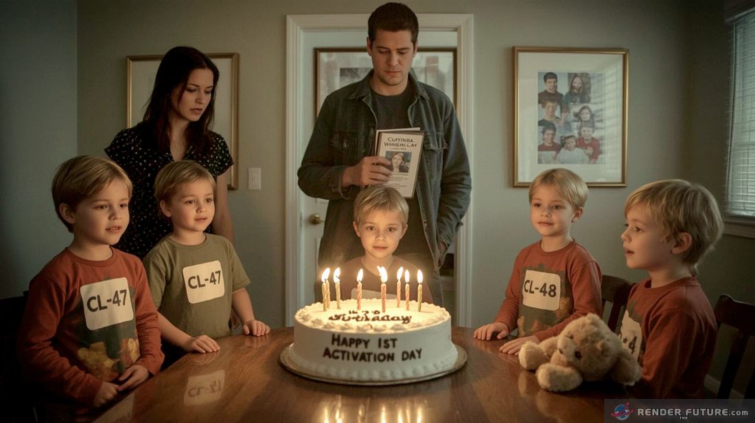 a heartbreaking scene of a child clones birthday celebration in a too perfect suburban home