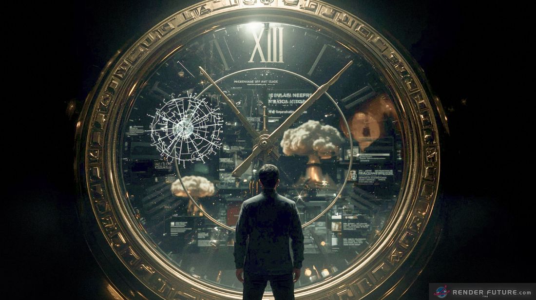 a hyperrealistic low angle shot of a colossal ornate doomsday clock
