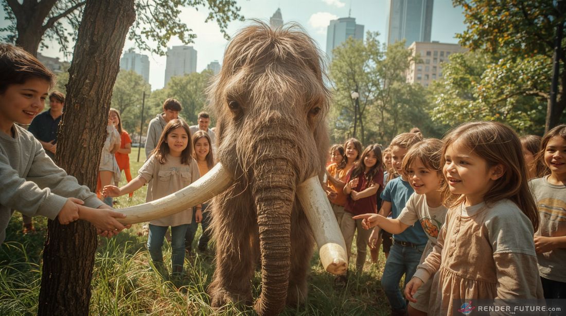 a joyful dynamic eye level shot captures a small adolescent woolly mammoth