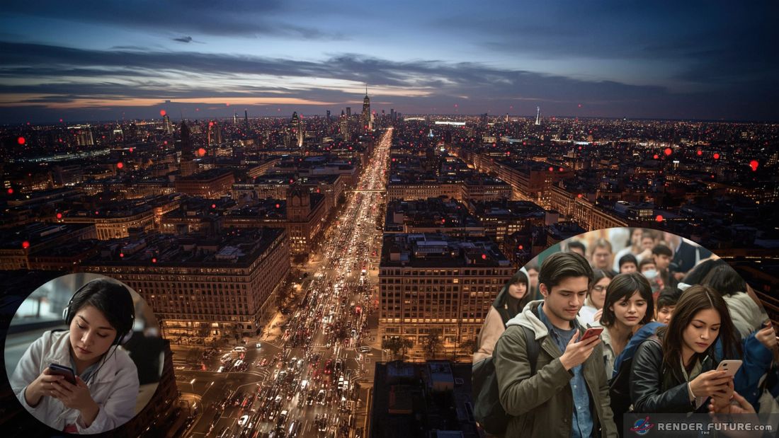 a satellites pov of a crowded city with hundreds of red tracking dots over people and cars