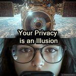 a sattelite above and a close up of a young woman staring directly into the camera
